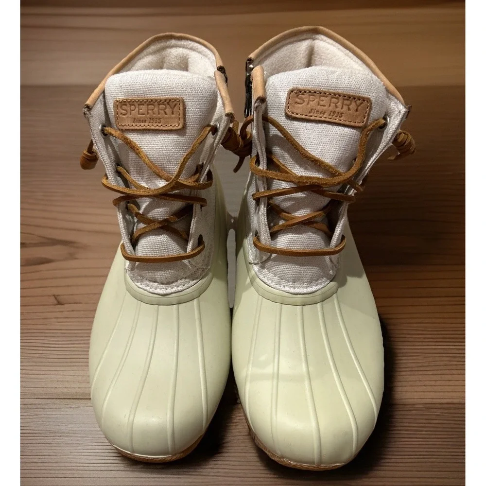 Sperry Womens Saltwater Ivory Duck Boots Waterproof Zip Ankle STS83234 Mens 7.5